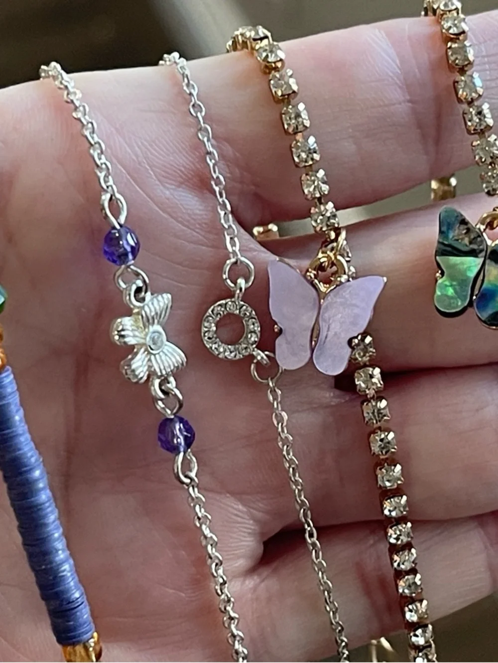 Set of 5 Ankle Bracelets.  Butterfly/Rhinestone theme.
